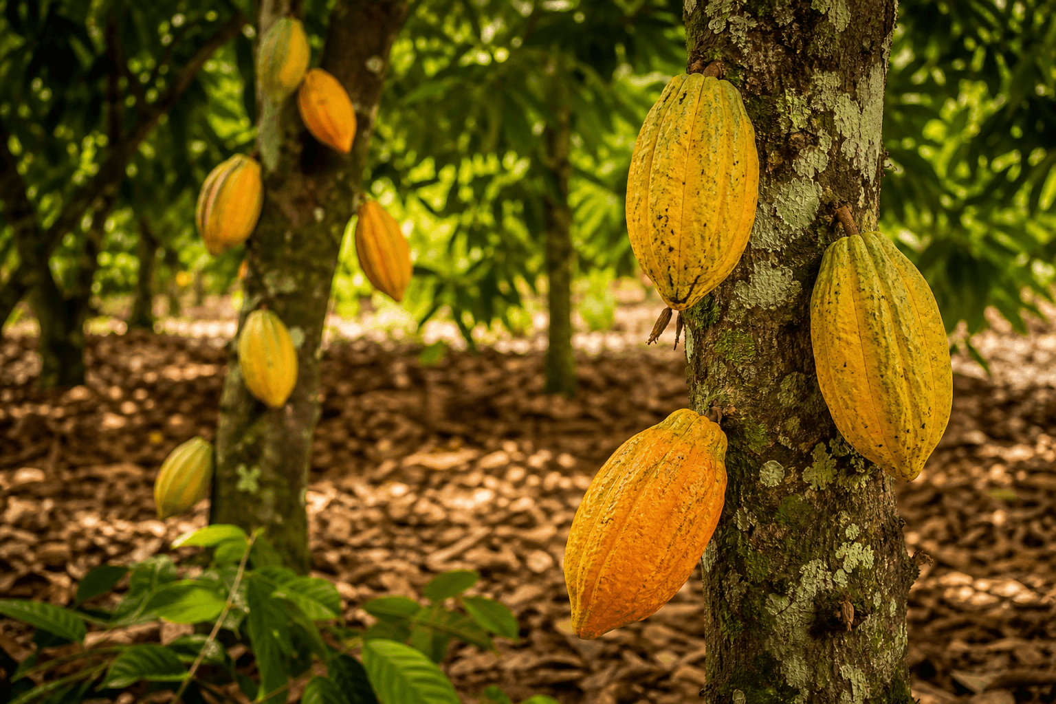 Cocoa pods on a cacao tree in Central Africa