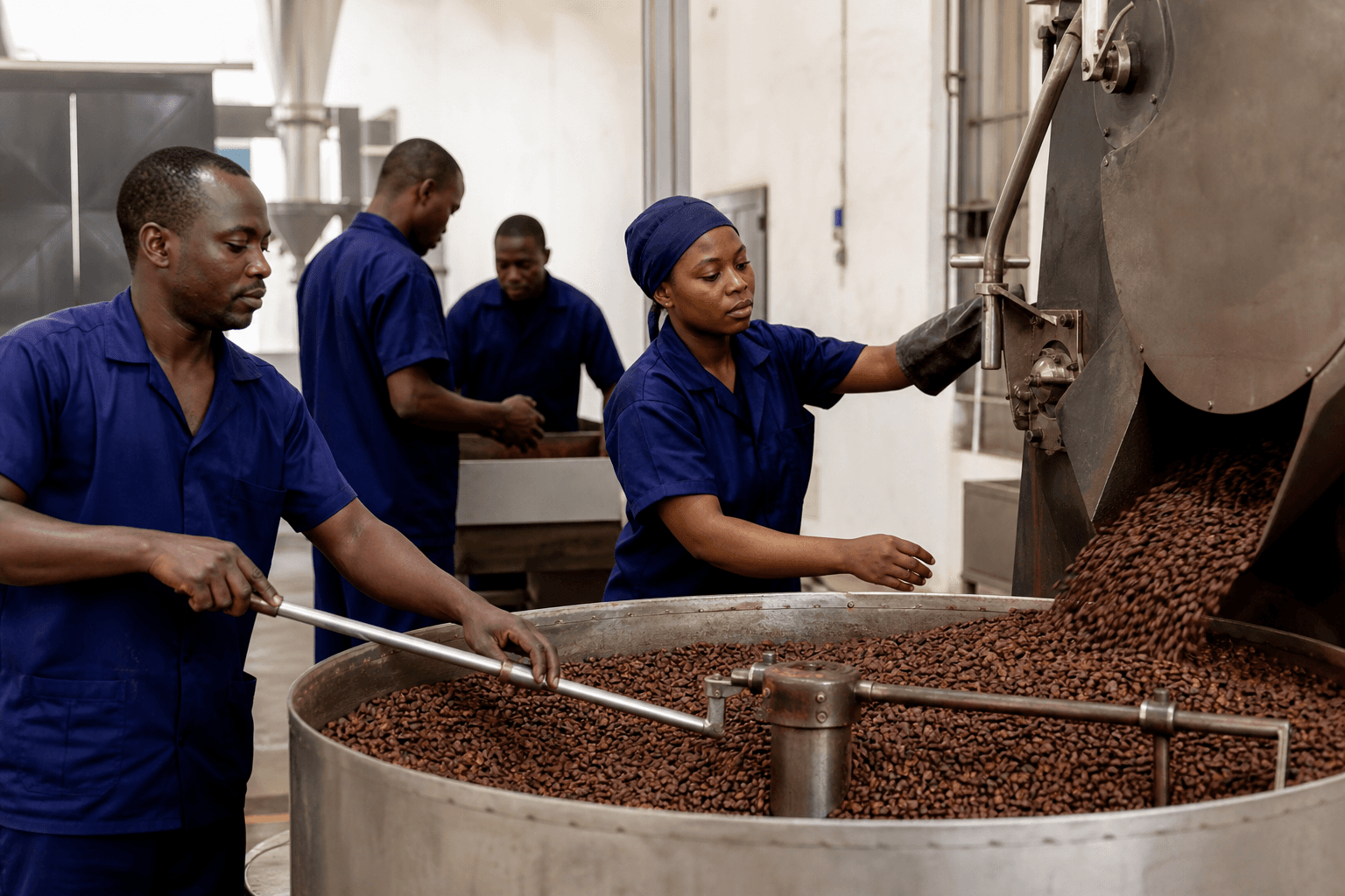 Équipe sur une ligne de transformation du cacao en Afrique